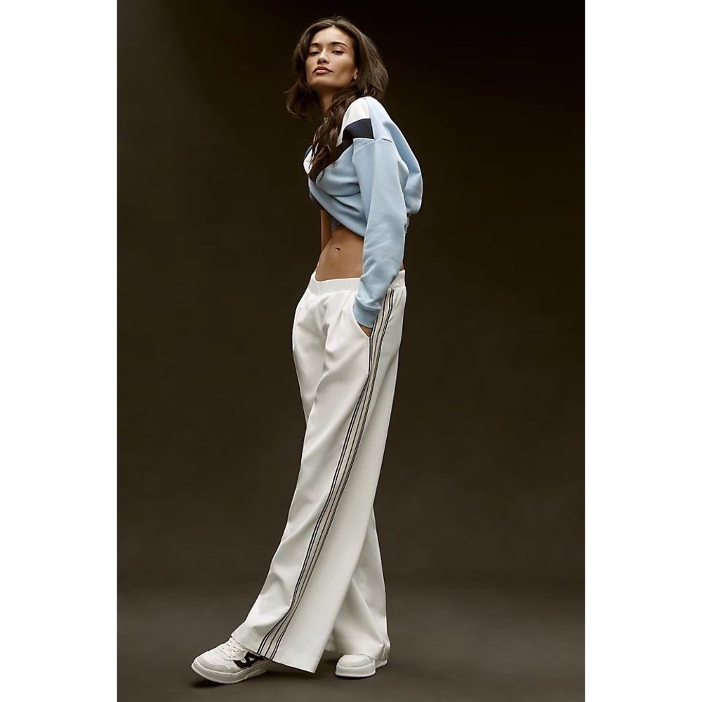 Bishop + Young White Wide Leg Side Stripe Track Pants Size M Sporty Trousers